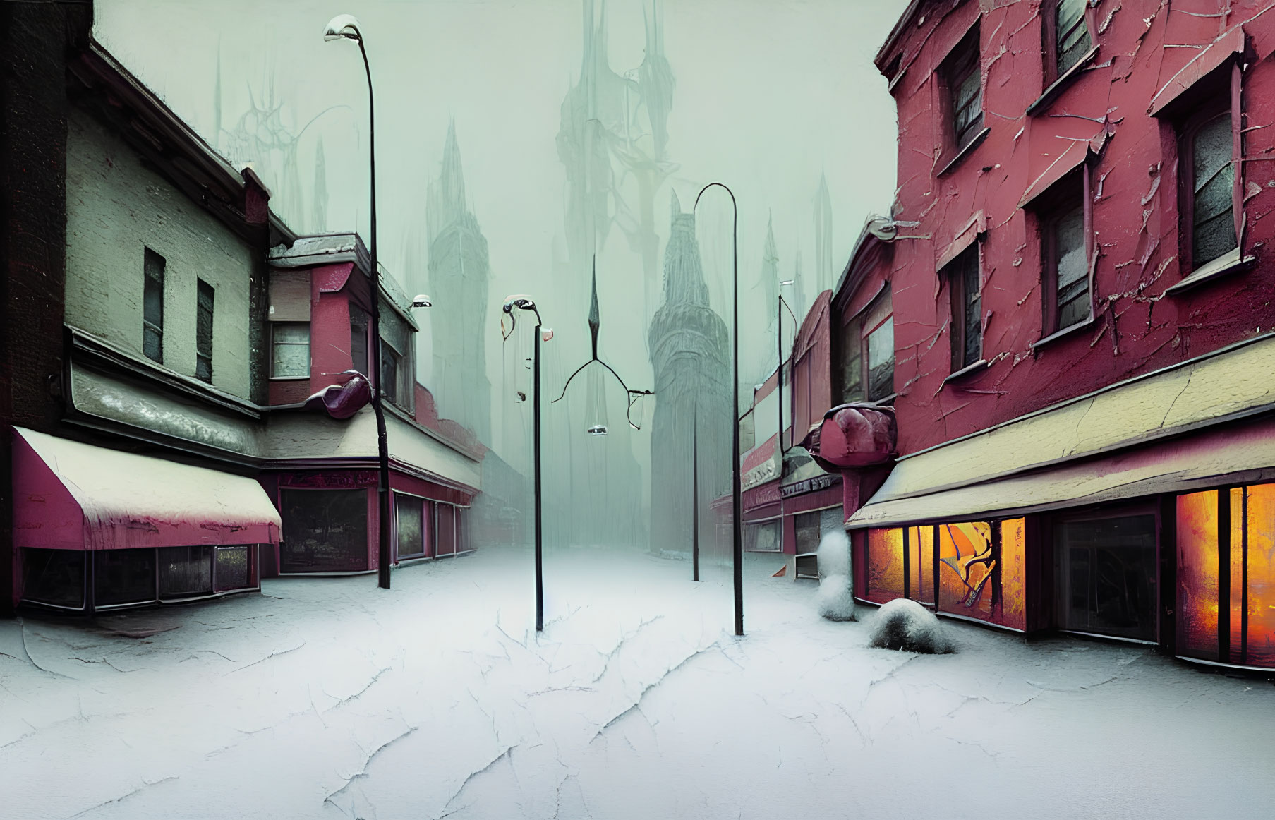 Snow-covered cityscape with crimson buildings and gothic cathedral in mist