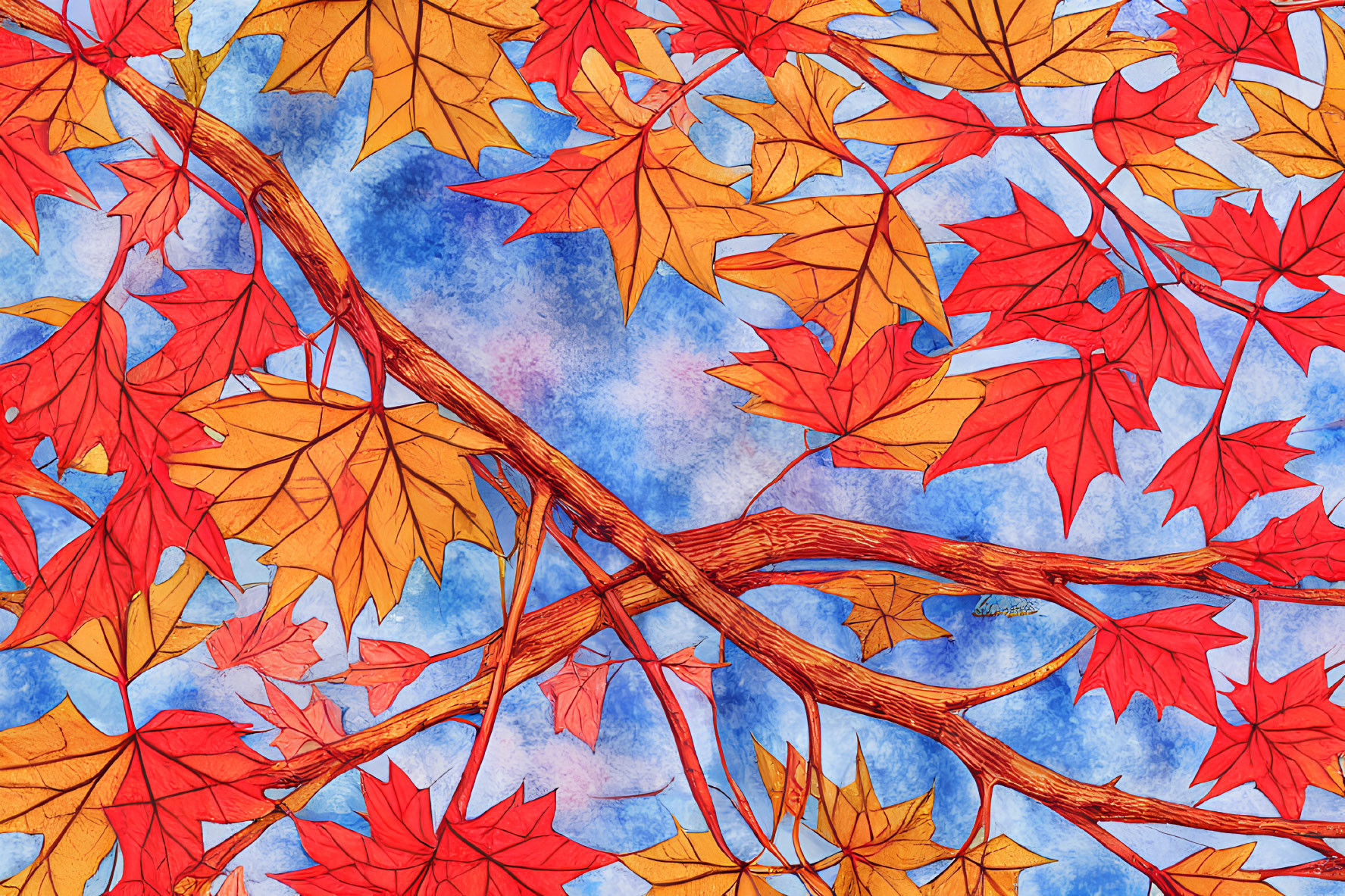 Detailed red maple leaves and branches on textured blue background