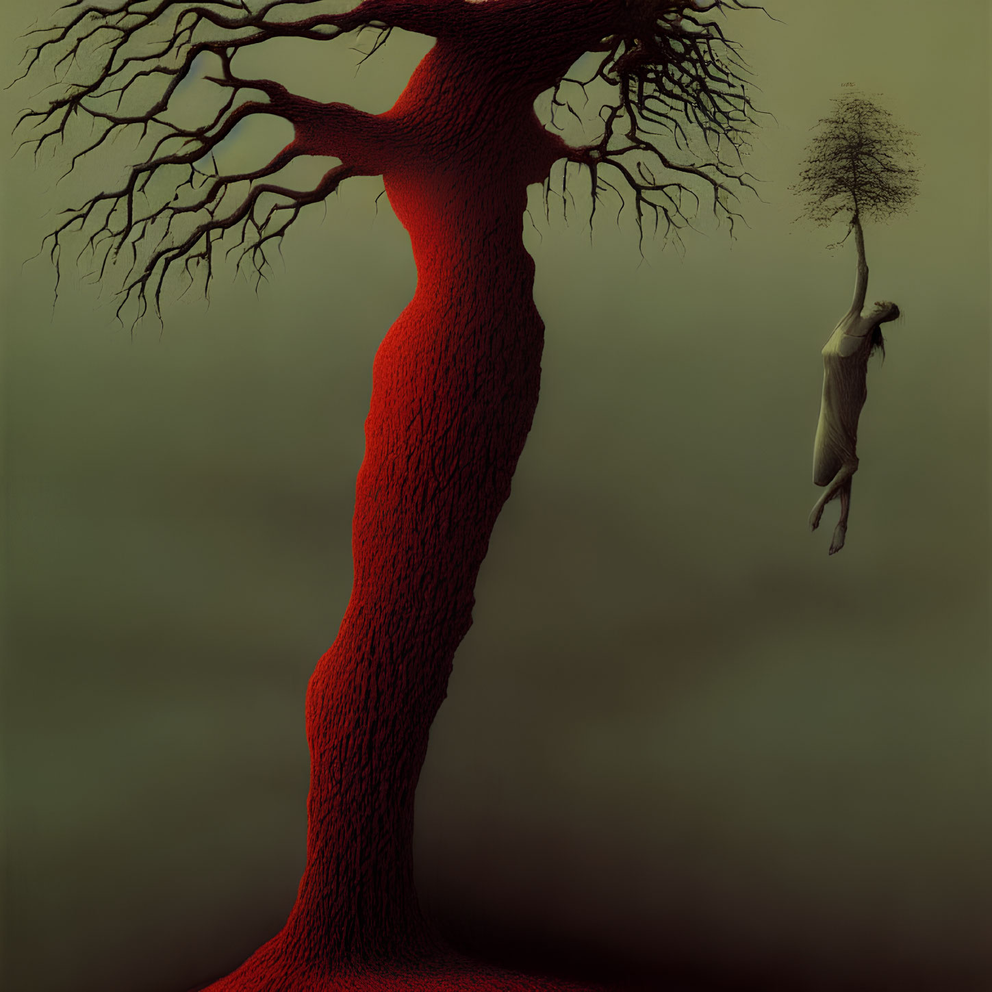 Surreal red tree trunk with merged figure and floating withered tree
