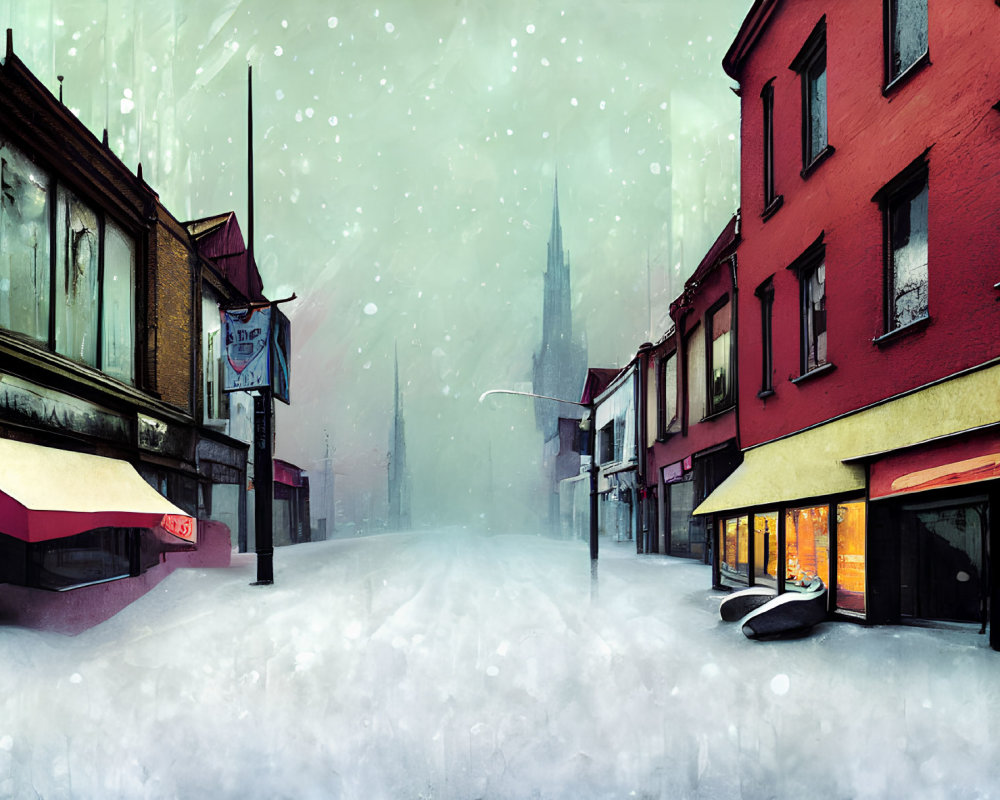 Snowy deserted street with colorful buildings and glowing storefronts