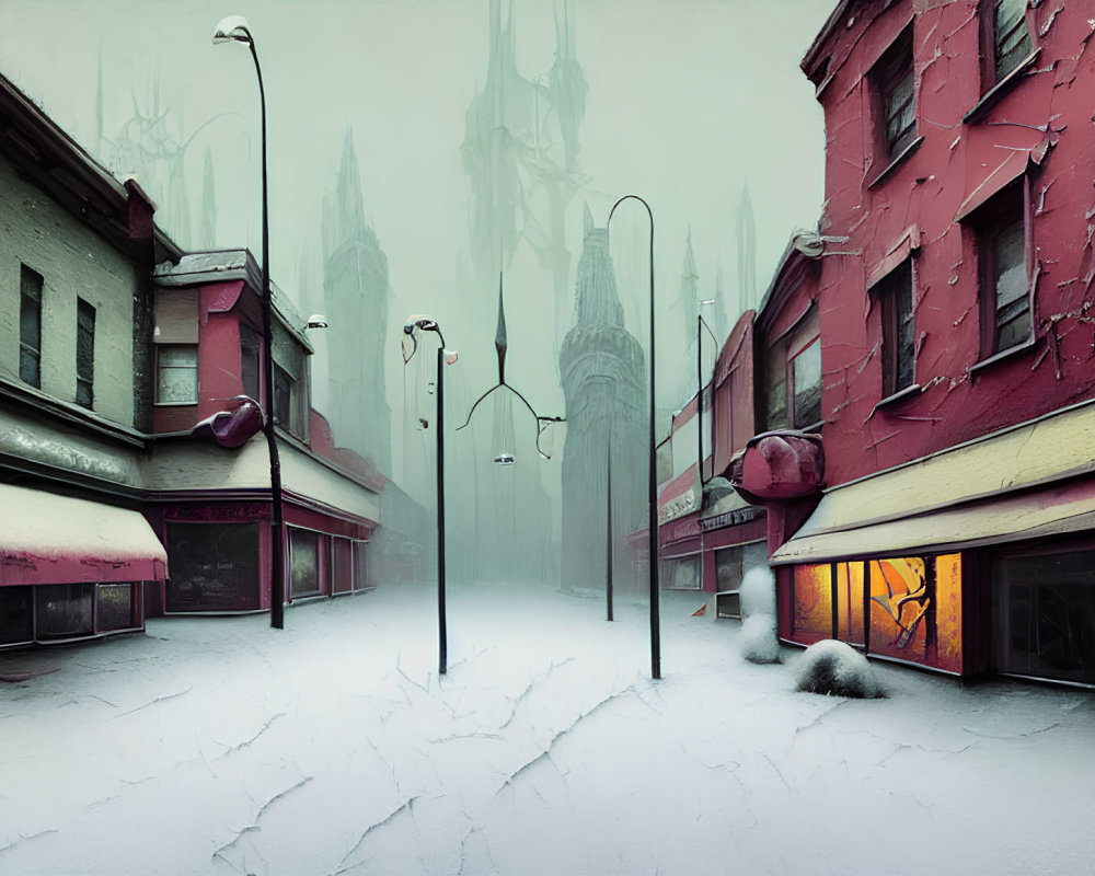 Snow-covered cityscape with crimson buildings and gothic cathedral in mist