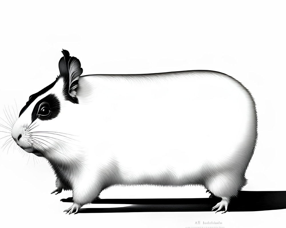Stylized black and white illustration of a guinea pig with exaggerated proportions