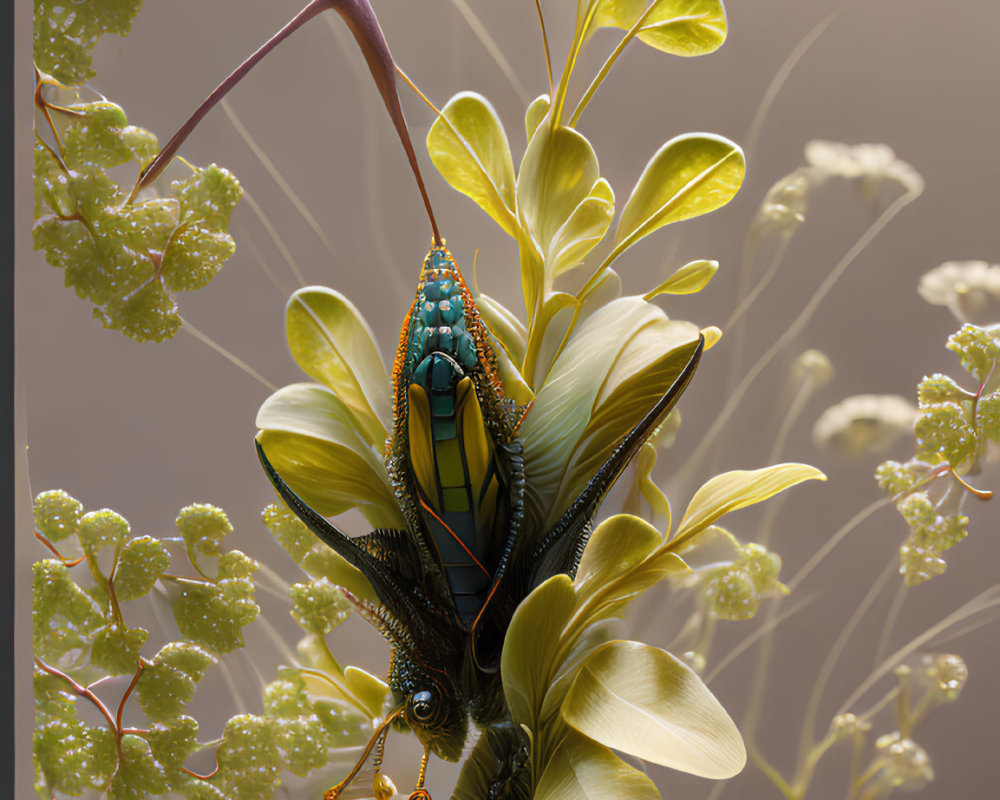 Vibrant grasshopper on fantasy-inspired foliage against warm backdrop