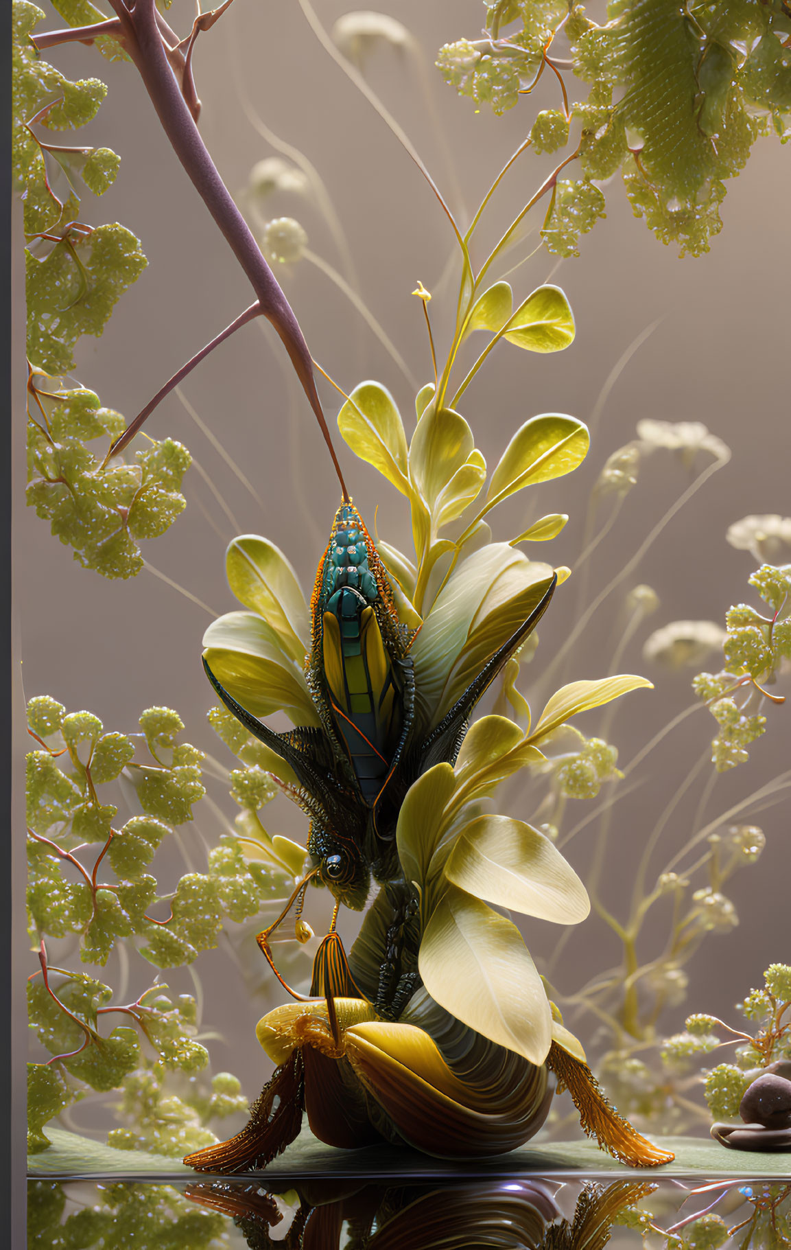 Vibrant grasshopper on fantasy-inspired foliage against warm backdrop