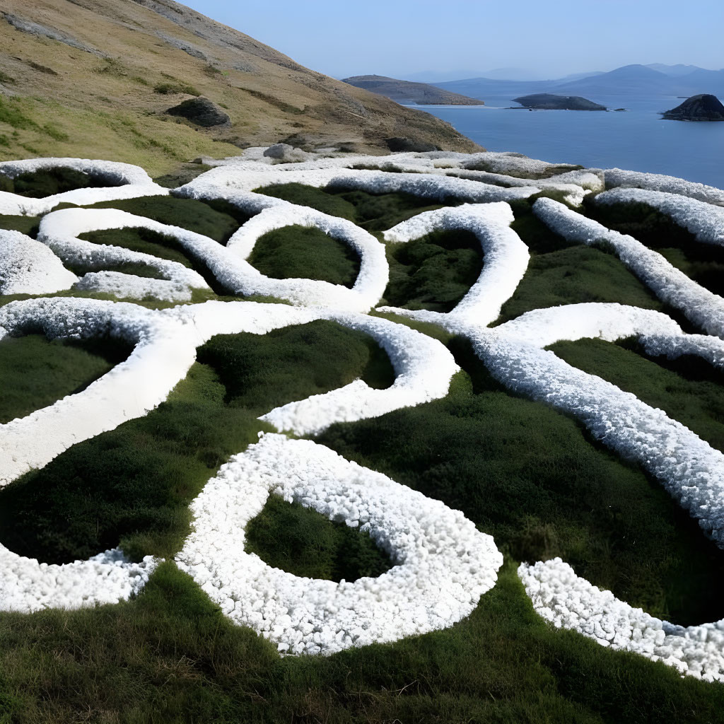 Intricate White Pebble Pattern on Grassy Hillside by Serene Blue Sea
