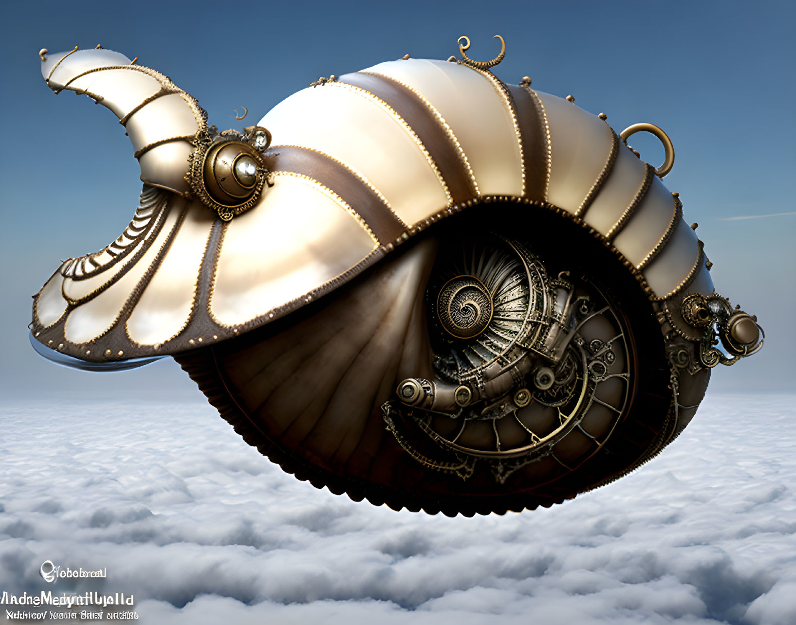 Steampunk-style snail with metallic elements and gears above clouds
