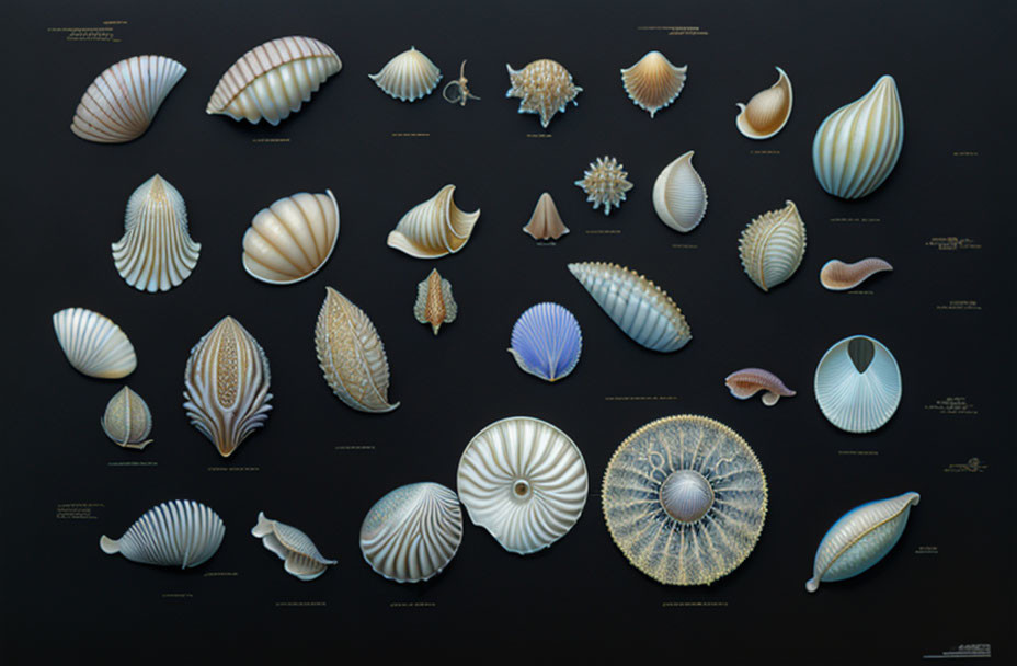 Assorted Seashells Displayed on Dark Background