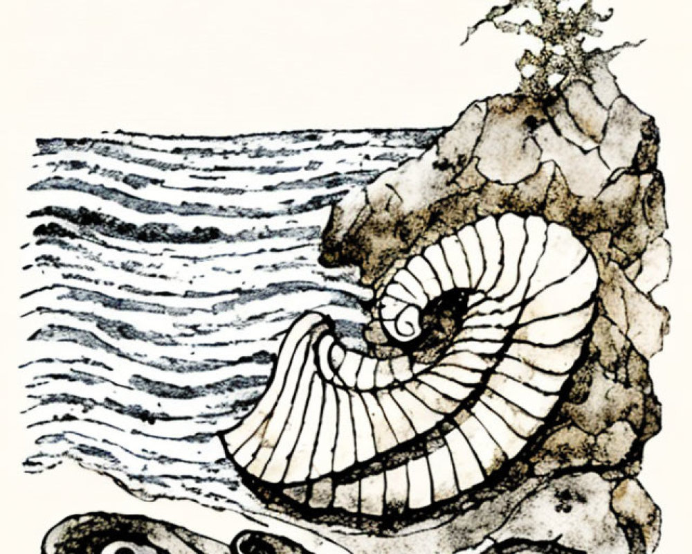 Seaside ink drawing with nautilus shell, waves, rocks, and tree