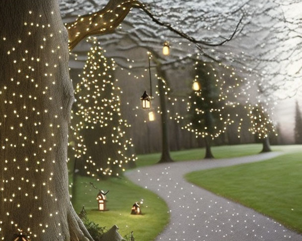 Enchanting night scene with illuminated tree and lantern-lit pathway