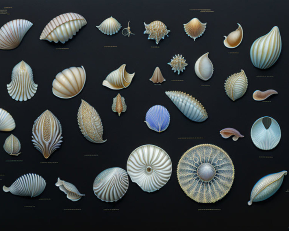 Assorted Seashells Displayed on Dark Background