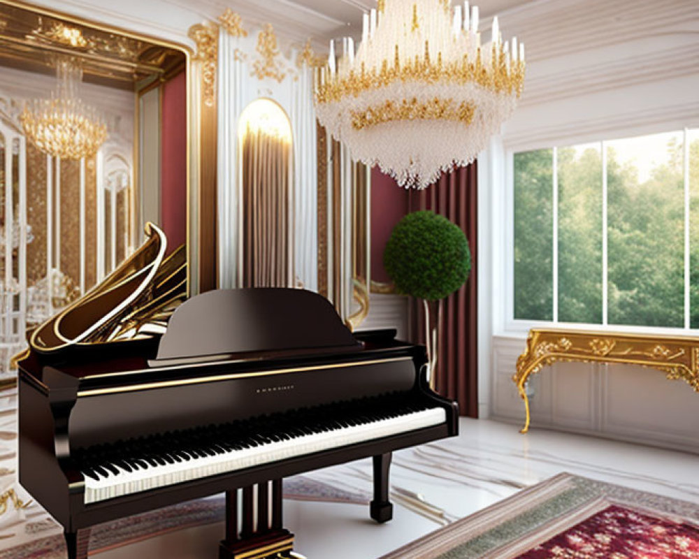 Luxurious Room with Black Grand Piano, Chandelier, Window, Moldings & Floral Rug