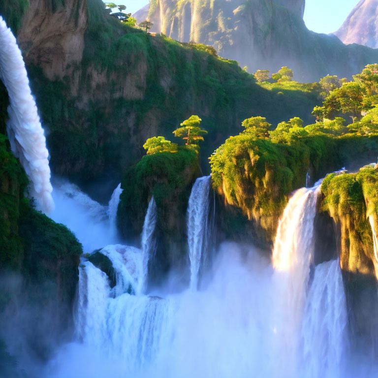 Scenic landscape with multiple waterfalls in lush greenery