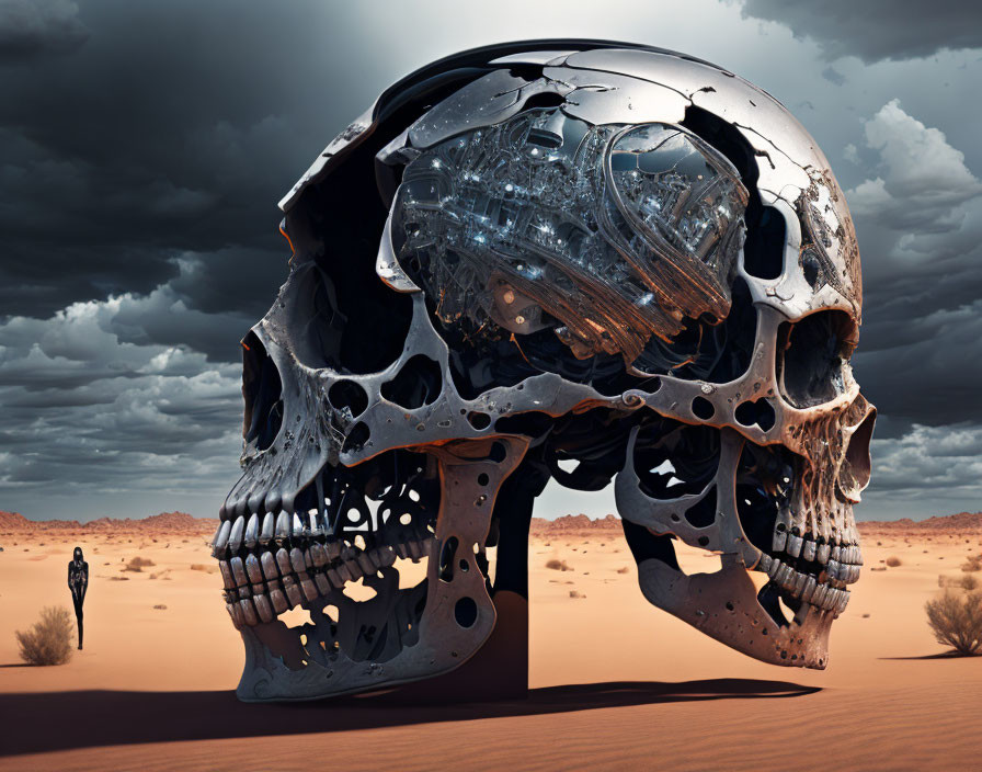 Person walking towards gigantic skull in desert under moody sky