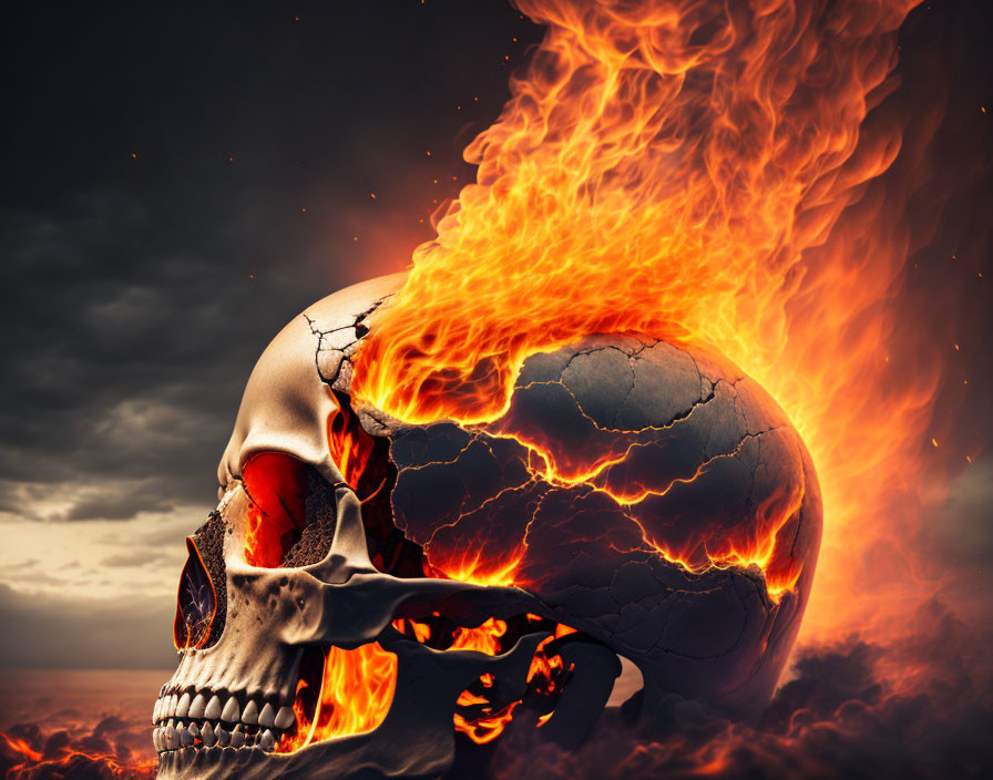 Burning human skull with cracks in fiery sky