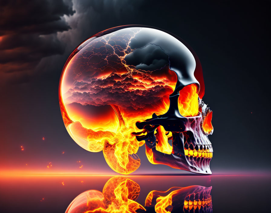 Digital artwork: Skull engulfed in flames, storm clouds, lightning, red sky
