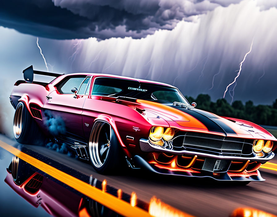 Illustration: Modified muscle car with fiery paint, oversized wing, and exhaust flames in stormy sky