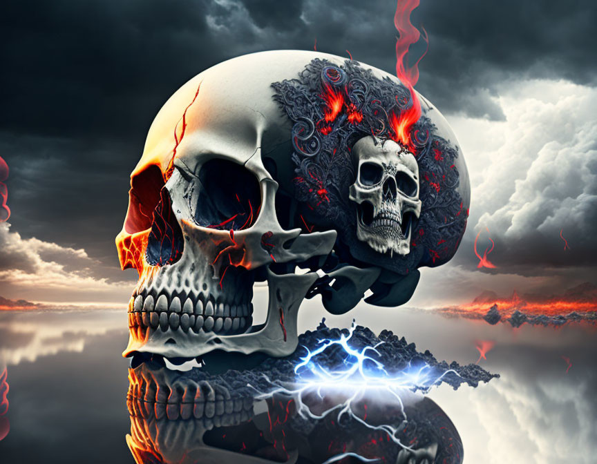 Split skull with normal & decorated sides against dramatic sky & water.