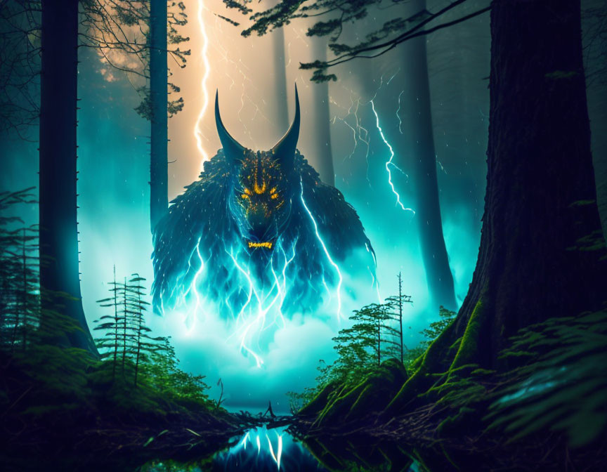 Horned beast in mystical forest with lightning.