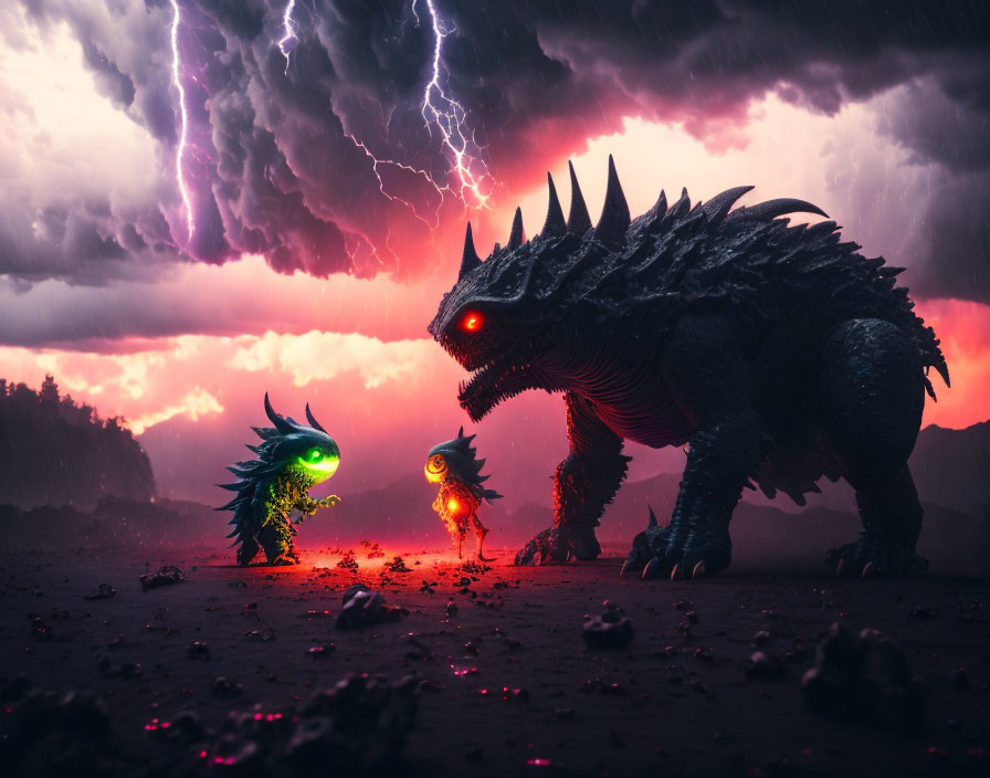 Spiked dragon towering over smaller dragon in stormy sky