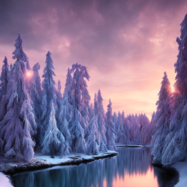 Tranquil river with snow-covered pine trees at sunrise