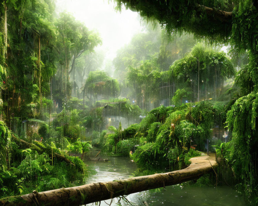 Lush Green Forest with Tranquil River and Misty Air