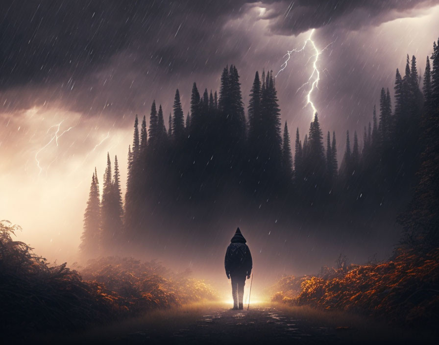 Person with lantern on forest path under stormy sky with lightning