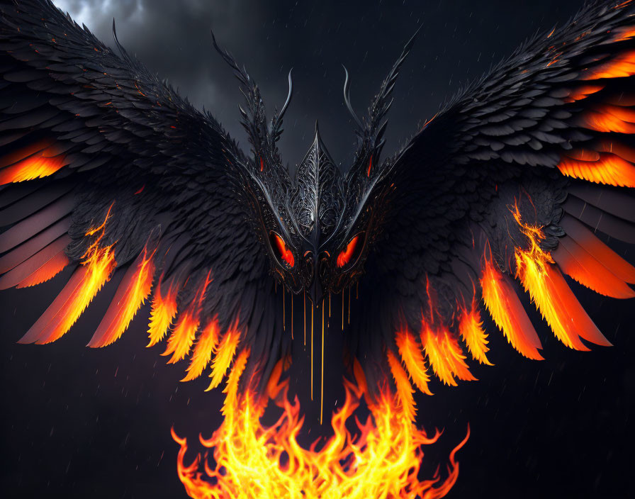 Majestic phoenix with spread wings and glowing eyes in flames against dark background