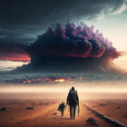 Person and dog under dramatic storm cloud with lightning bolts in desolate landscape