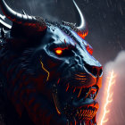 Black dragon with orange cracks, blue eyes, horns, and sharp teeth in stormy sky with lightning