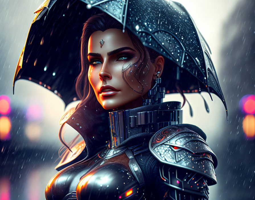 Futuristic female warrior in intricate armor under neon-lit rainy backdrop