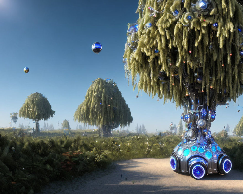 Surreal landscape featuring tree-like structures with mechanical legs and metallic spheres under a clear blue sky