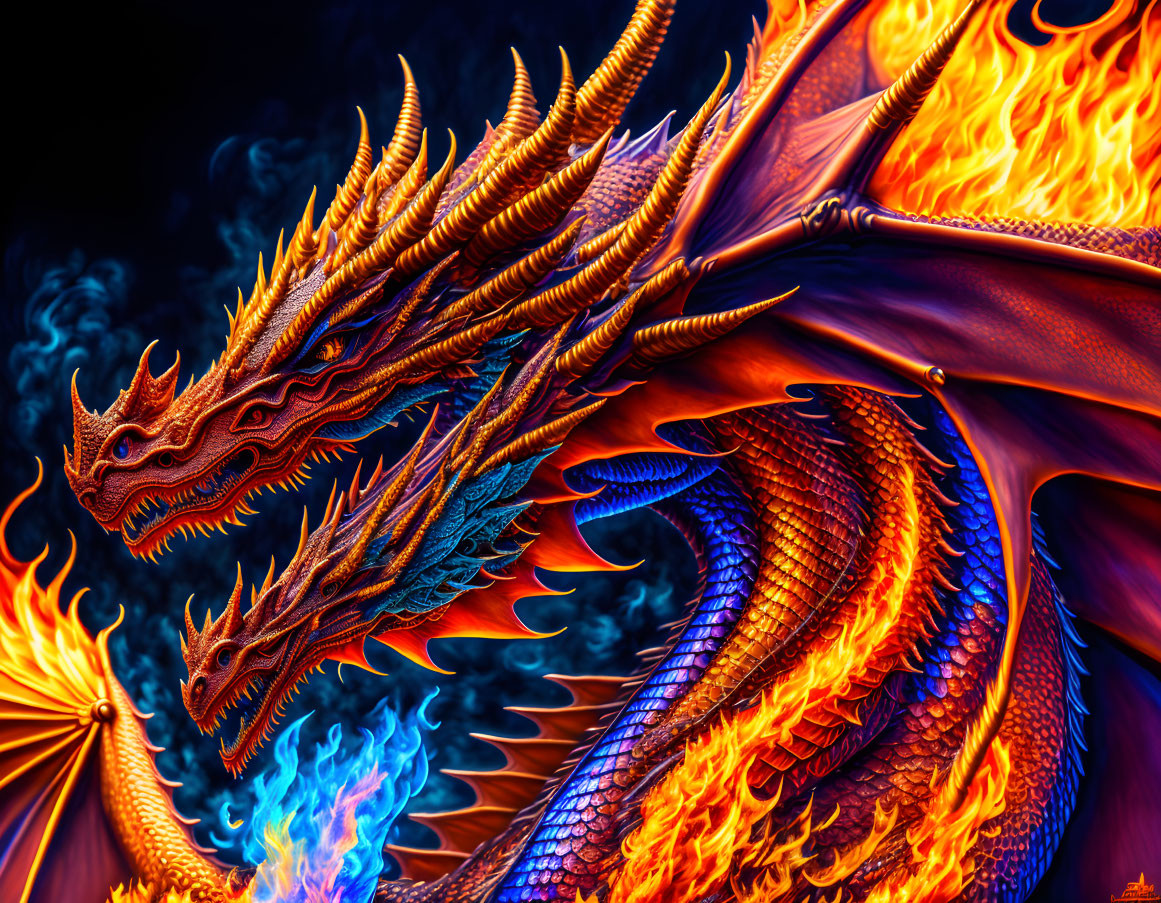 Two headed dragon surrounded by fire