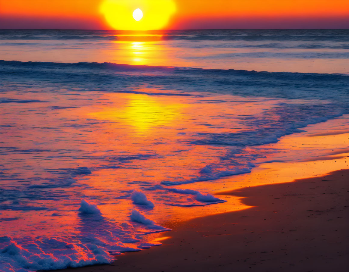 Scenic sunset with large sun over horizon and orange hues on sea