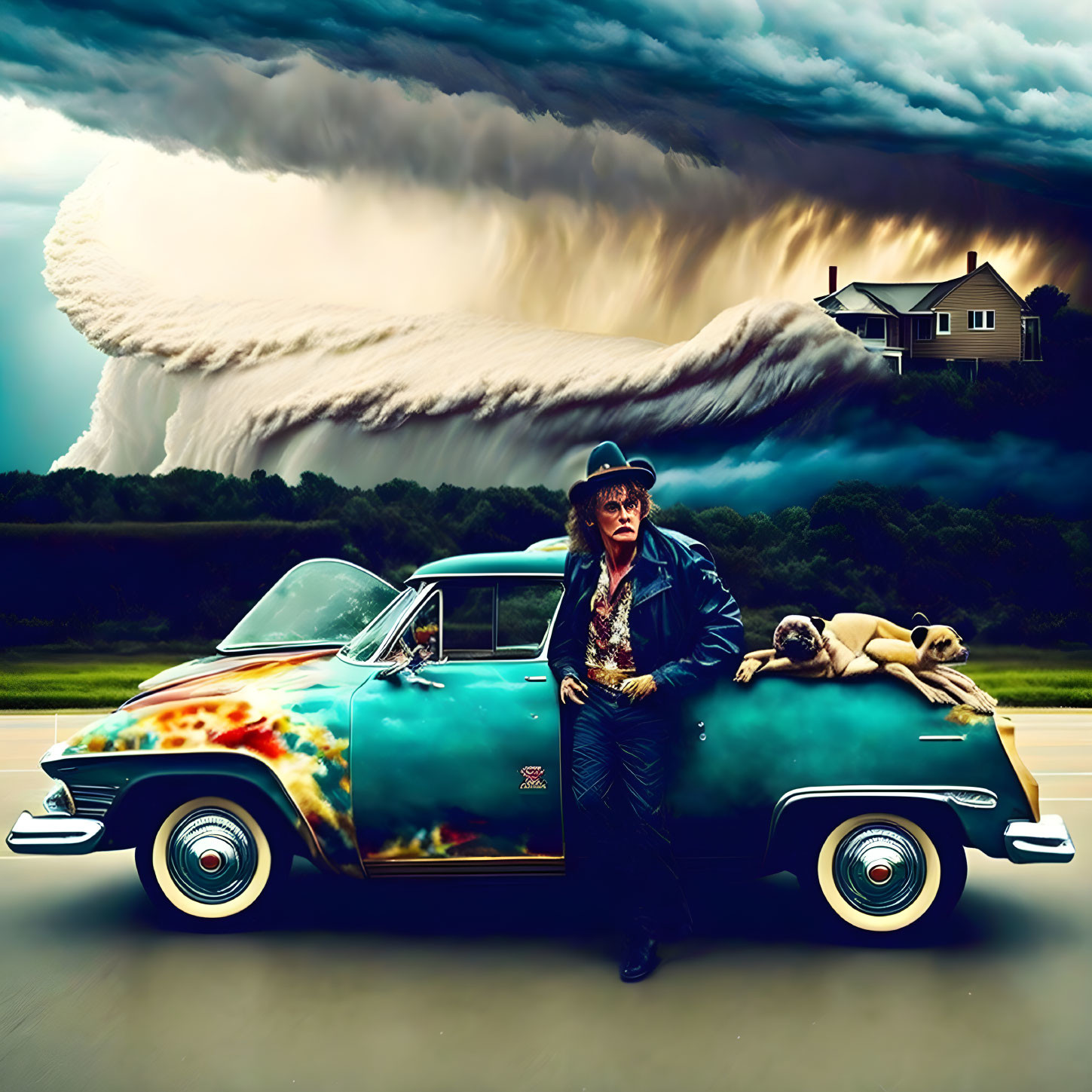 Man in leather jacket with dogs by classic car under dramatic sky