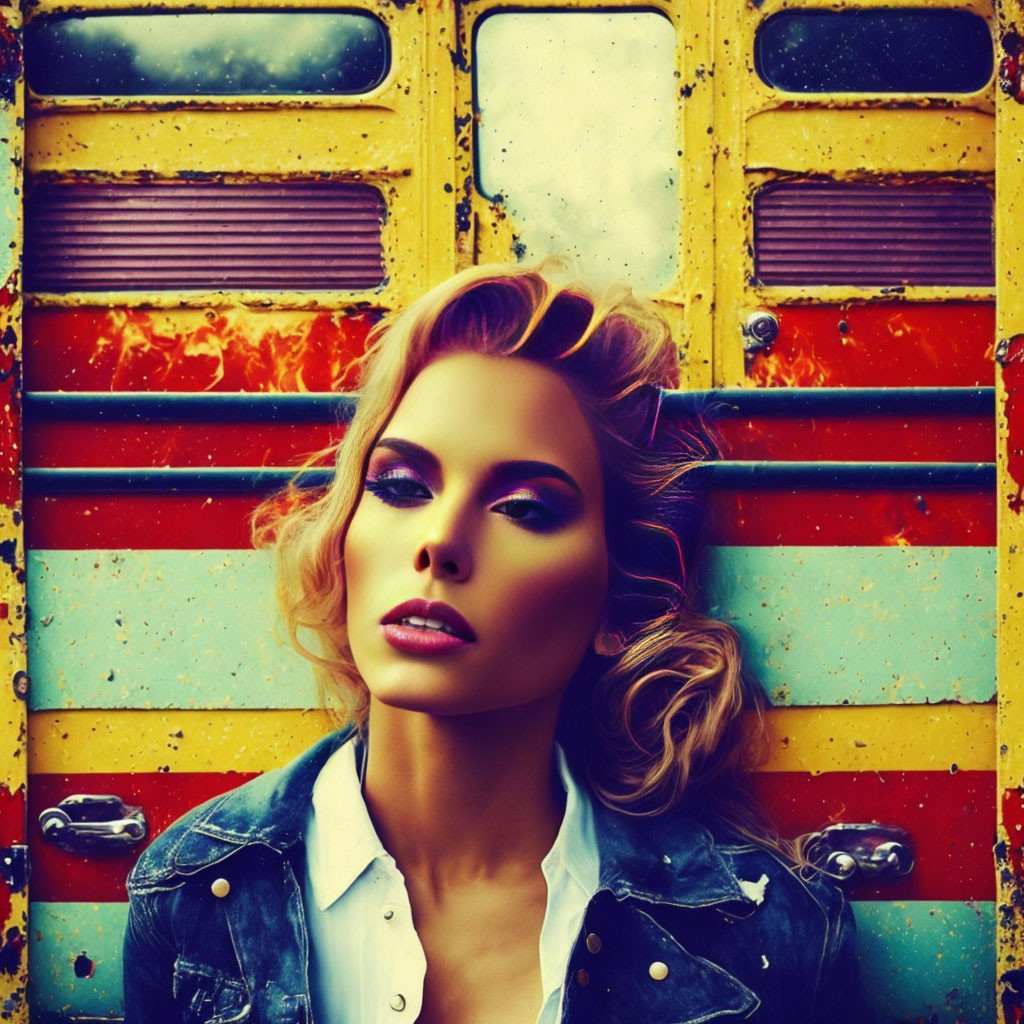 Colorful Vintage Bus Background Stylized Woman Portrait with Bold Makeup