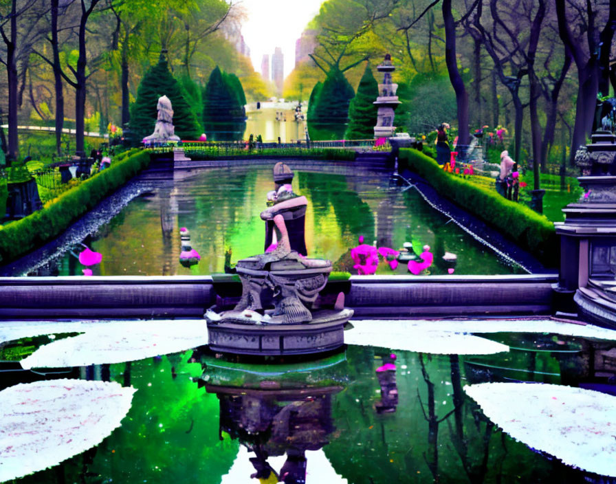 Tranquil park scene with reflecting pool, sculptures, flowers, greenery.