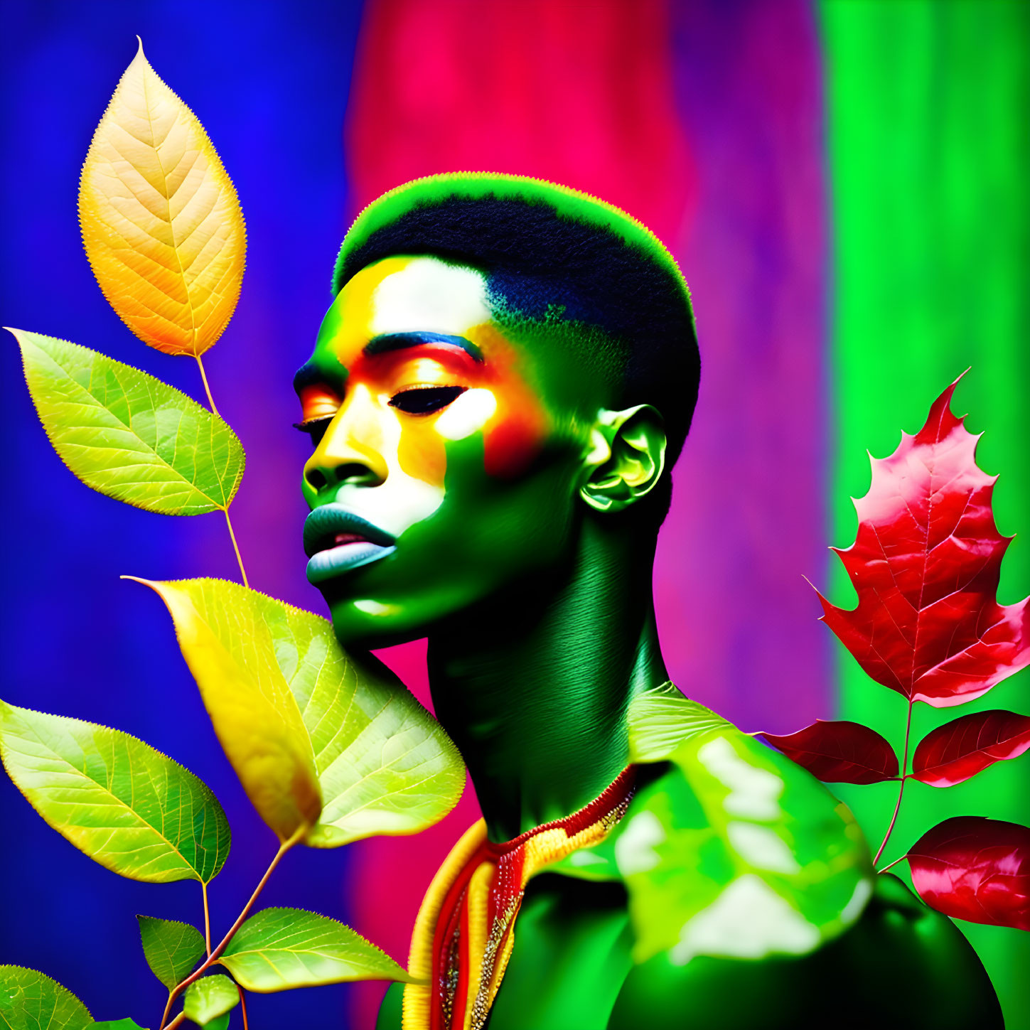 Colorful Portrait with Light and Leaves Against Multicolored Background