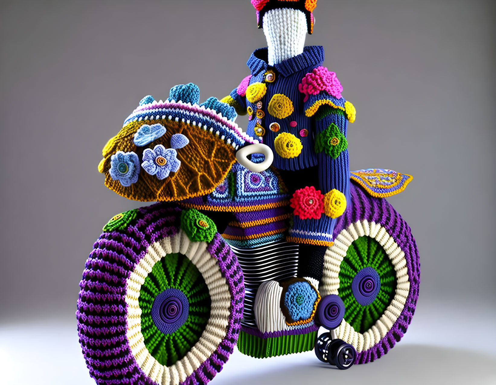 Ornate knitted motorcycle with rider