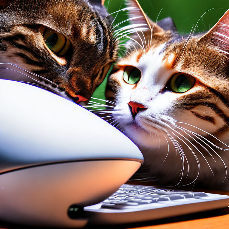 Curious cats inspect computer mouse on desk with keyboard.