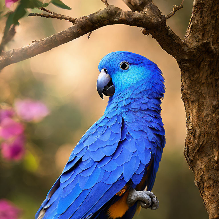 Colorful Blue Parrot with Sharp Black Eye on Branch in Natural Setting