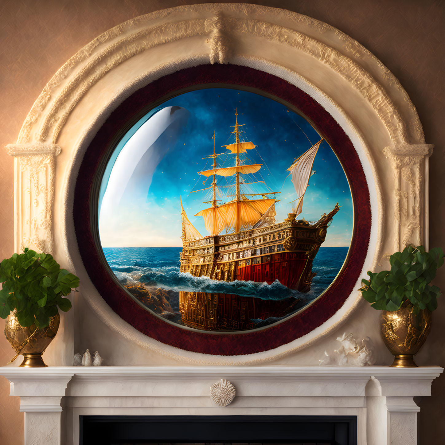 Ship behind glass on a fireplace mantel