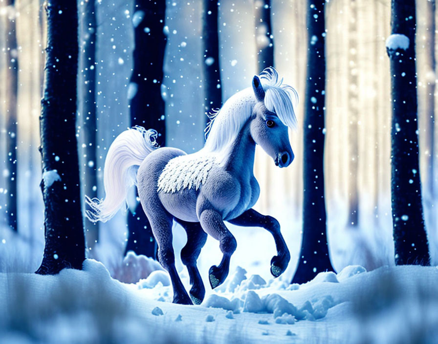 Majestic white horse galloping in snowy enchanted forest