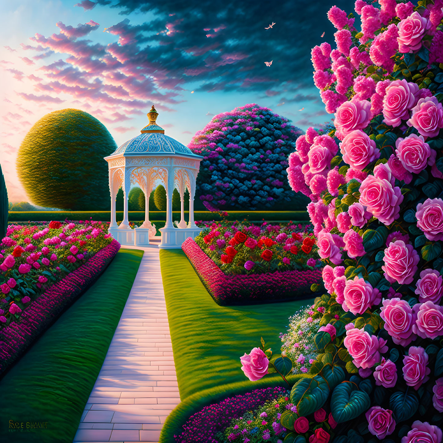 Colorful garden with white gazebo, pink and purple flowers, hedges, pathway, sunset sky