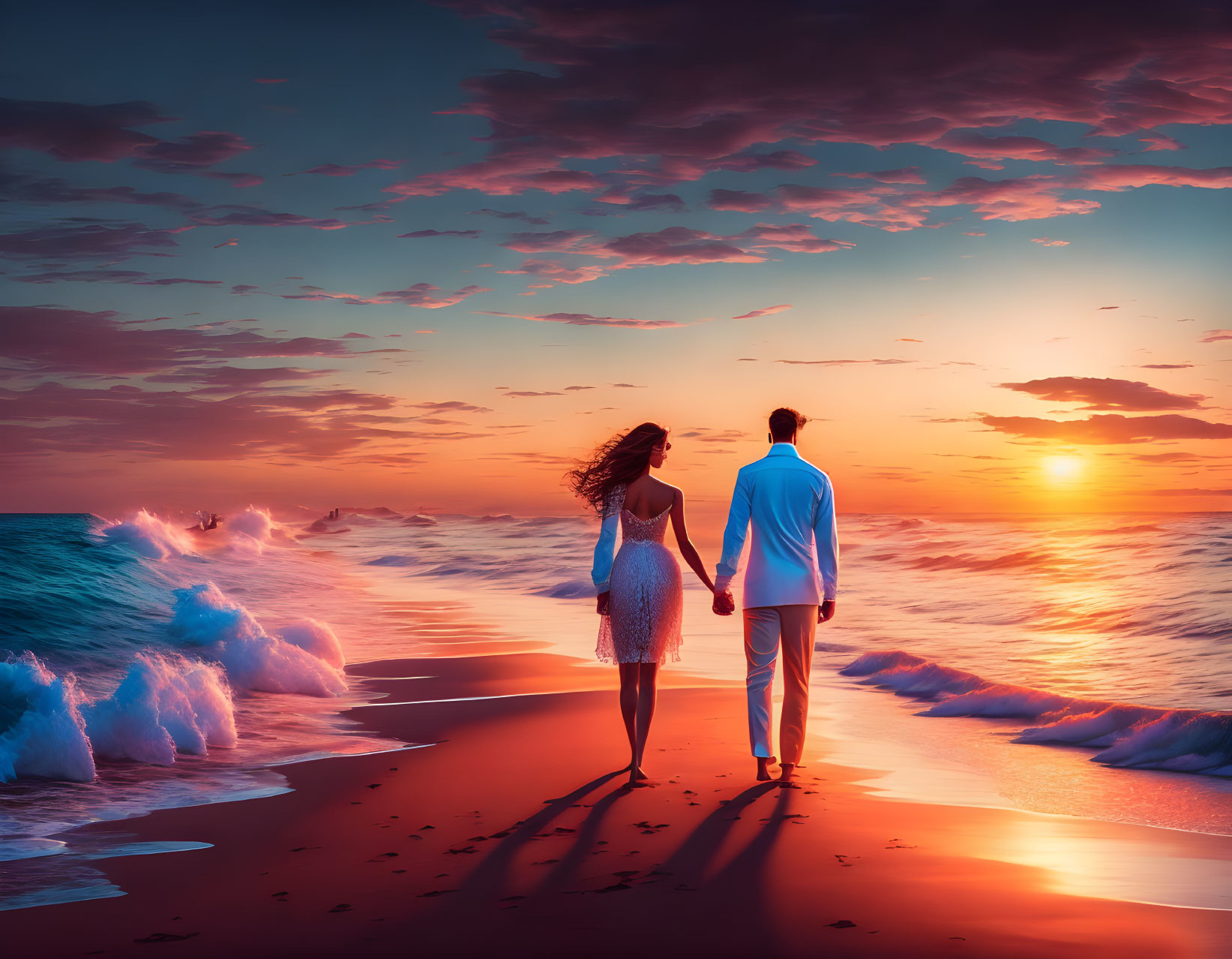 Couple Holding Hands on Beach at Sunset with Colorful Sky
