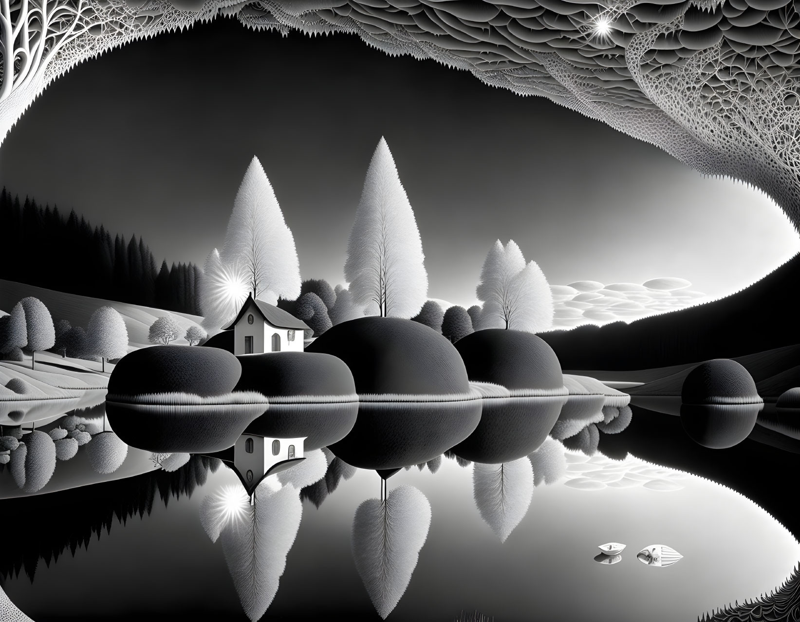 Monochrome fractal landscape with reflective lake, stones, trees, house, sky patterns