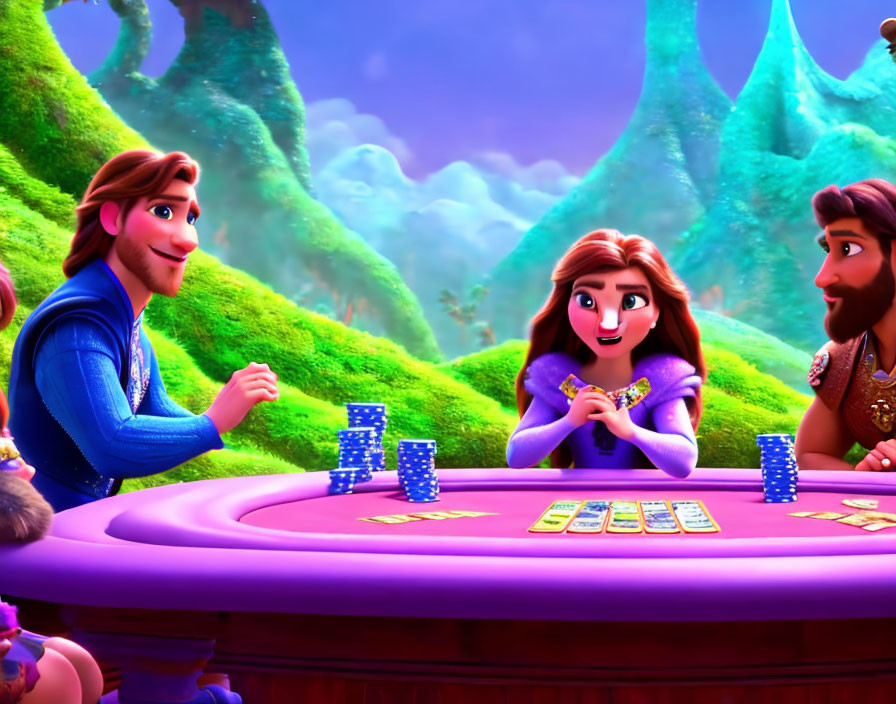 Fantasy-themed animated characters playing cards at circular table