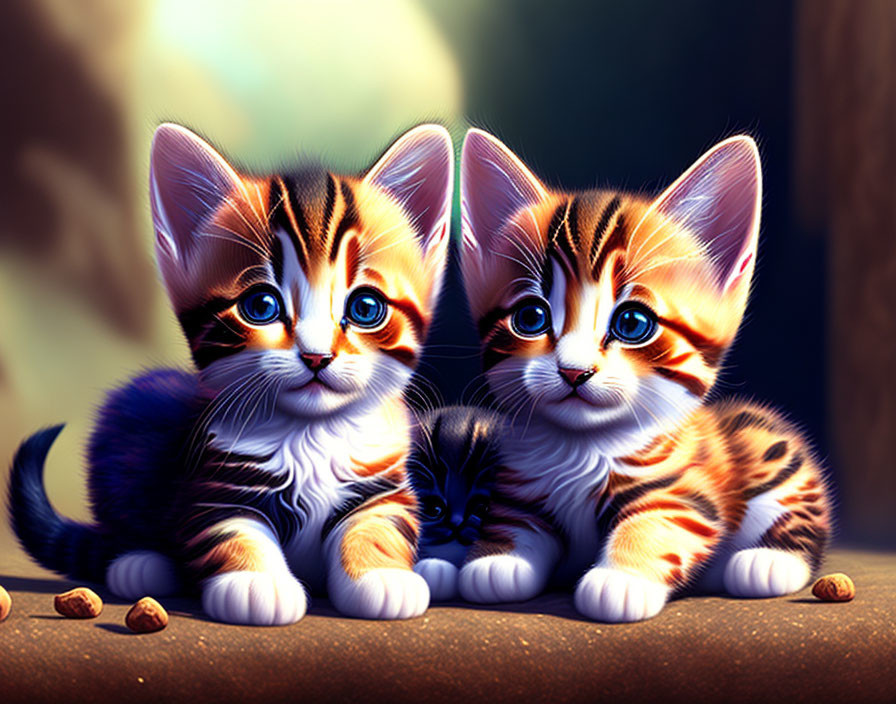 Blue-eyed kittens with striped fur and kibbles sitting together