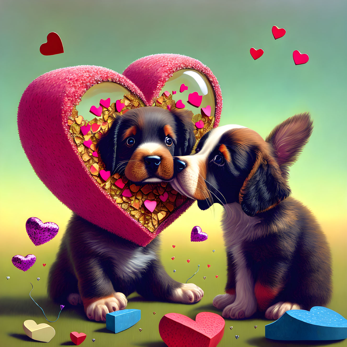 Two cute puppies with heart-shaped object and love decorations under gradient sky
