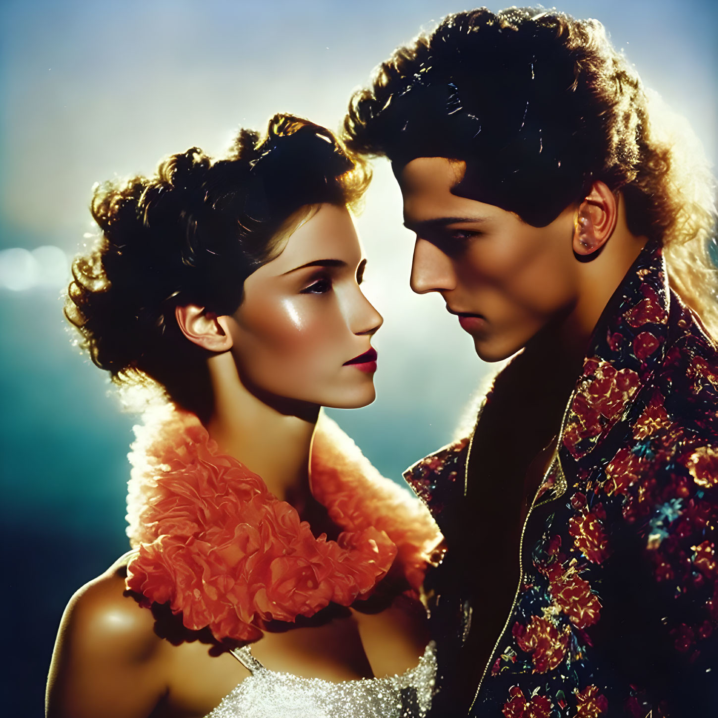 Man and woman in glamorous attire with stylish hairdos gaze intently under warm light