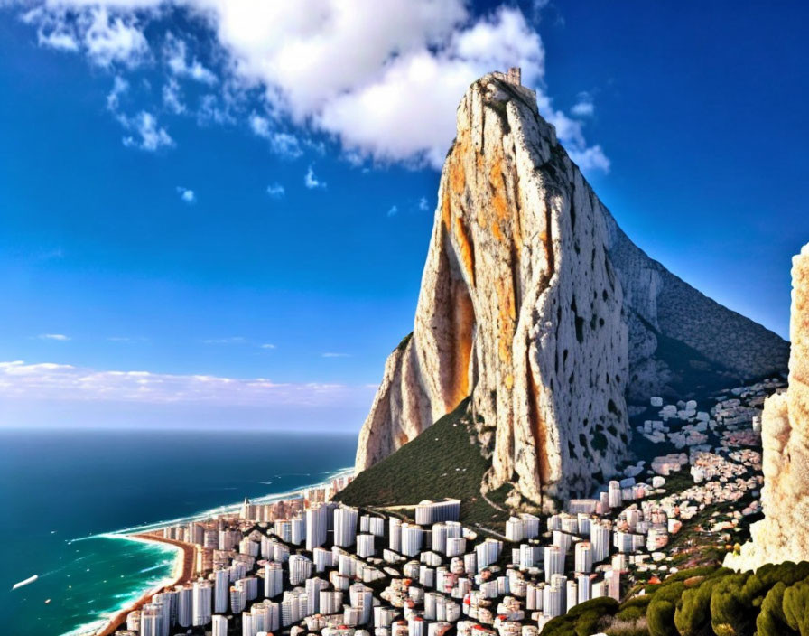 Towering limestone monolith above cityscape and coastal strip with blue seas
